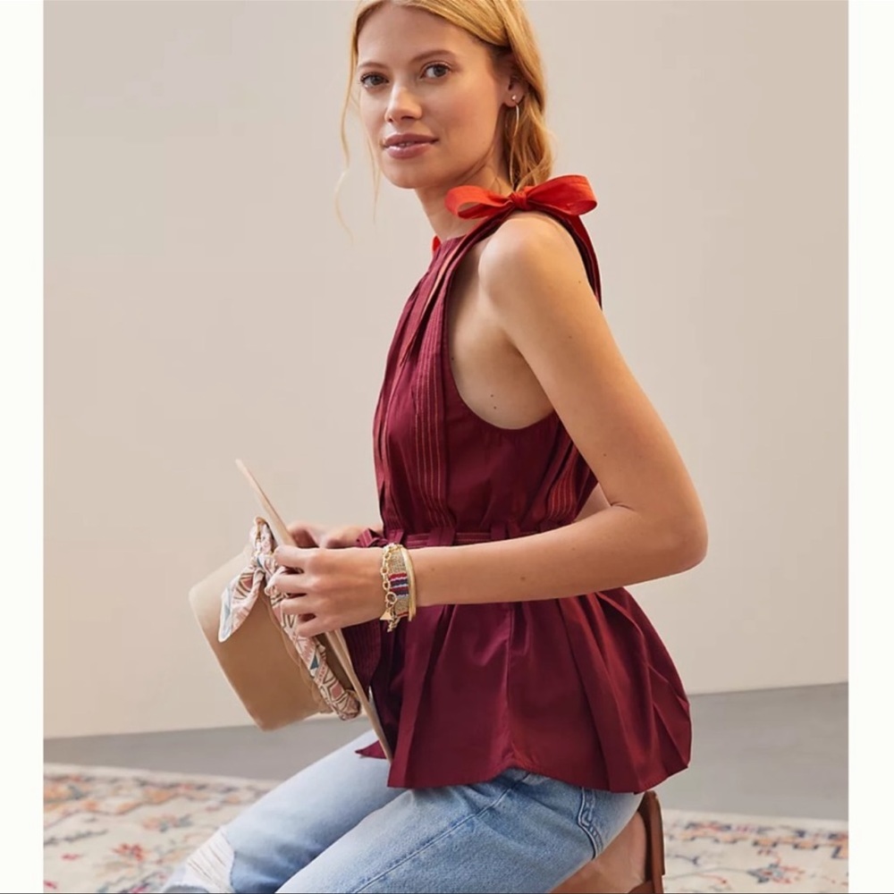 Anthropologie Pleated Brick Tie-Strap Stylish Crop Top - Picture 2 of 4